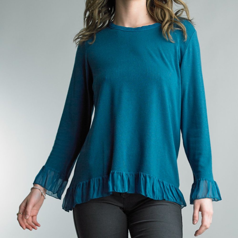 NWT Tempo Paris Teal Knit Tunic With Ruffle Hem & Sleeve Accents MADE IN ITALY!
